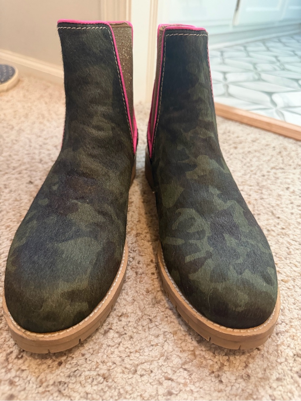 Boden Camouflage Chelsea Boots with Pink Trim